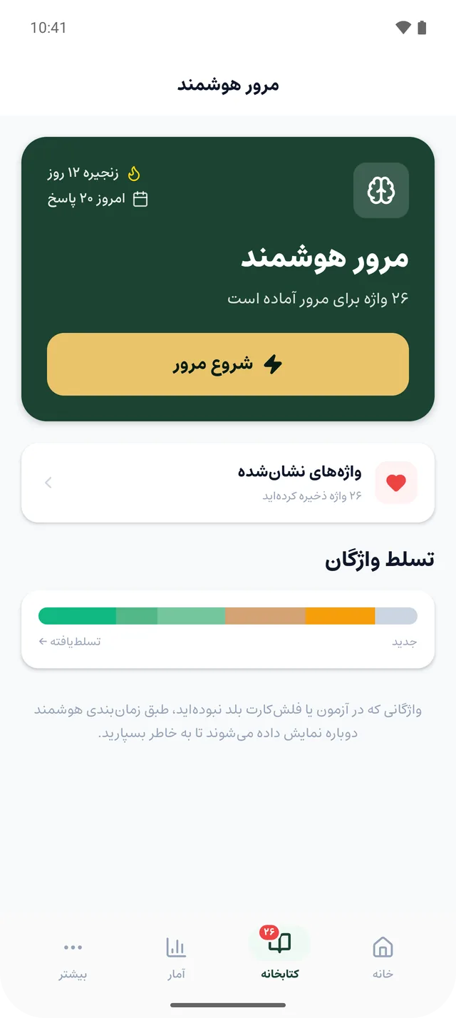 مرور هوشمند: تعداد واژه‌های آماده‌ی مرور، دکمه‌ی شروع مرور و نوار تسلط واژگان